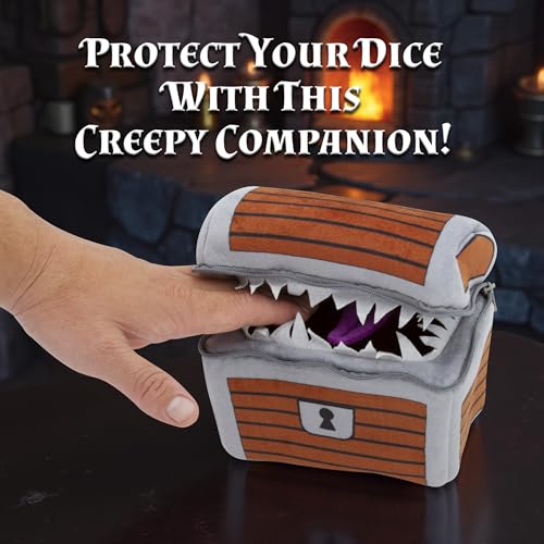 CASEMATIX Mimic Dice Chest and DND Dice Case with 7 Included RPG Dice - 6.5" Mimic Chest Bag with Zipper and Carabiner, Holds 150 Polyhedral Pieces - style: Chest