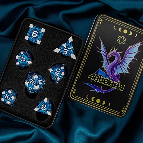 ARUOHHA DND Metal Dice Set Crystal Shards Dice with Gift Box, 7PCS Silver Blue Polyhedral Dice RPG Role Playing Game Handmade 6 Sided D and D Dice Set D20 D12 D10 D8 D6 D4 - color: Silver Blue