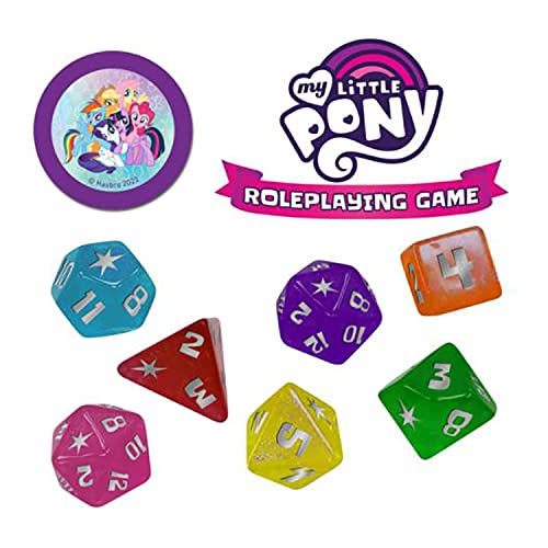 Renegade Game Studios My Little Pony RPG Dice Set - Polyhedral Dice for Tabletop Roleplaying | Official set with d4-d20, two-sided icon coin, and purple velvet storage bag. Compatible with the MLP Roleplaying Game