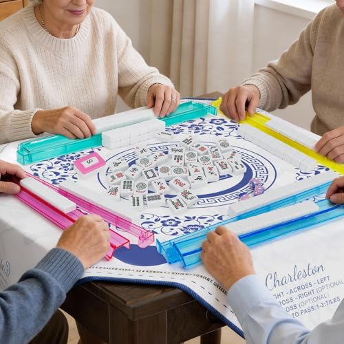 Jolitac American Mahjong Game Set, 166 Premium White Tiles, 4 All-in-One Color Rack/Pushers, Complete Mahjong Tiles Set with Blue Carrying Bag (Ma Jong, Mah-Jongg, Majiang)