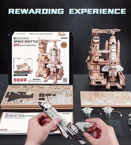 ROKR 3D Wooden Puzzles Space Shuttle-Dynamic Launch Base with Motorized Lift, LED Light Effects, 1:420 Scale Collectible Building Kit Airplane Wooden Puzzles Gift for Adults