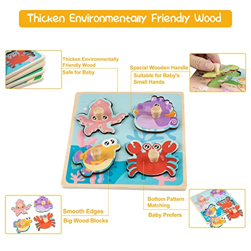 Wooden Toddler Puzzles - 4 Pcs Eco-Friendly Animal Patterns Jigsaw With Handles - Infant Kid Fine Motor Skill Learning Educational Montessori Toys for 1-3 Years Old - style: Style A
