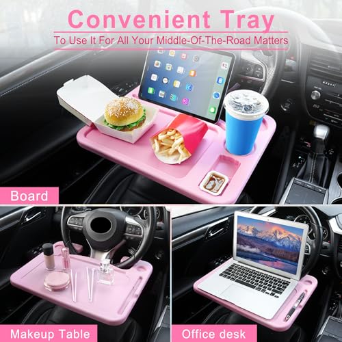 JUSTTOP 4 in 1 Car Steering Wheel Desk for Laptop,Versatile Upgraded Car Seat Tray,Spacious Steering Wheel Table with Tablet Holder and Dual Sauce Racks,Steering Wheel Under Table Console (Large+Pink) - color: Pink-upgraded