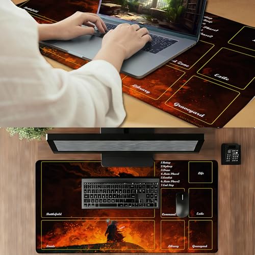 MTG Playmat TCG Card Mat Magic The Gathering Play Mat with Zone 24x14 Inch - color: Wizard Vs Flame Demon,with Zone