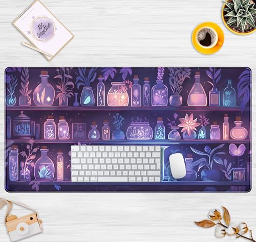 Cute Cozy Purple Gaming Desk Mat, Mystical Potion Bottles Mouse Pad XXL Large Extended Aesthetic Apothecary Shelf Desk Pad, Fun Computer Desktop Pad Mat Laptop Keyboard and Mouse Mat 31.5x15.7 in - color: Purple Potion Bottles
