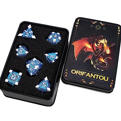 7PCS Metal DND Dice Set with Box, Debris RPG Blue D and D Dice for use with D&D Tabletop Games Role Playing Game Polyhedral Dice Set D20 D12 D10 D8 D6 D4 - color: Silver Blue