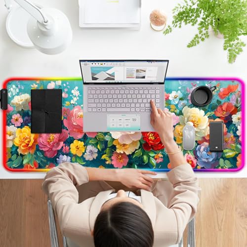 RGB Colorful Flower Peony Gaming Desk Mat, Computer Keyboard Large Extended Long Floral LED Mouse Pad for Office and Home, XL (W28) - color: Rgb-w28