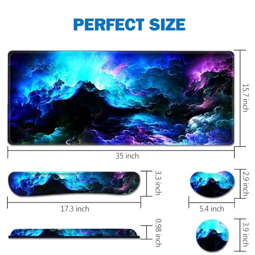 AIMSA Keyboard Mouse Pad Wrist Rest Set, Extended Desk Mat+ Ergonomic Mouse Pad with Wrist Rest+ Keyboard Wrist Support+ Coaster, 35x15.7in Large Mousepad for Home Office, Nebula Galaxy - color: Gorgeous Nebula Galaxy