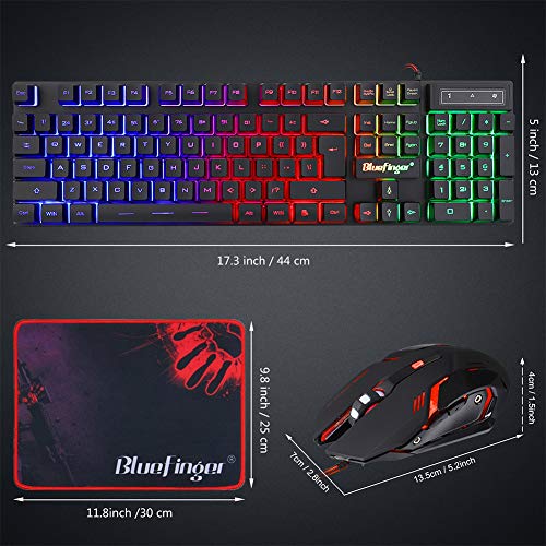 BlueFinger RGB Gaming Keyboard and Backlit Mouse Combo, USB Wired, LED Gaming Set for Laptop PC Computer Game and Work - color: Black
