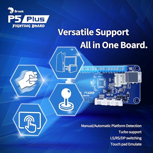 Brook P5 Plus Fighting Board with Sticker – Pre-Installed Header Version, Ultra-Low Latency PCB for PS5 Fighting Games, PS4, PS3, Switch & PC (X-Input), SOCD Cleaner, Turbo, Auto-Detect Console