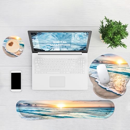 Ergonomic Mouse Pad with Wrist Rest and Keyboard Wrist Rest, Mousepad and Wrist Rest for Computer Keyboard, Pain Relief, Non-Slip Rubber Base, Mouse Pad with Wrist Support for Gaming, Office, Beach - color: Beach