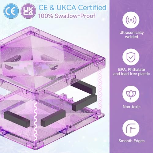 burgkidz Magnetic Travel Tiles for Kids 3-8: 42PCS Large & Small Ice Blue Purple Glitter Blocks – 2-in-1 Storage & Base – 90+ Min Quiet Play, 300+ Builds, 30s Cleanup – Car & Plane Toys for Girls - color: Blue