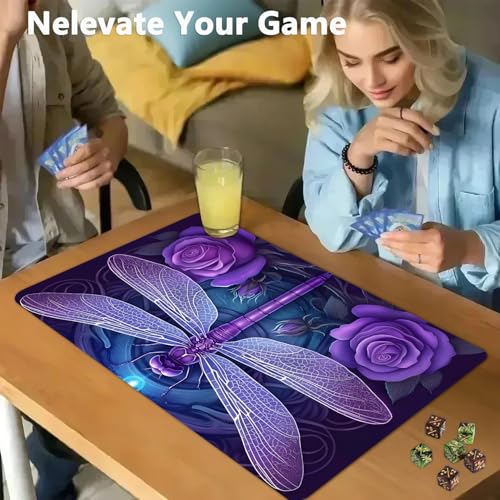 for MTG Game Playmat - 24 x 14 inches with Dices and Storage Bags, Non-Slip Base for TCG and Board Game Card Mats, Trading Card Games Mat, Dragonfly in Purple Rose Pattern Collectible Card Playmats - color: Jv-playmat-p7-1-d102