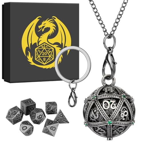 Mini DND Dice Set with Spherical Hollow D20 Metal Case Portable Keychain Necklace, Tiny 7pcs Polyhedral D&D Dice Set, DND Gifts with Gift Box, D&D Accessories for RPG(Green Diamond, Silver) - color: Dark Silver