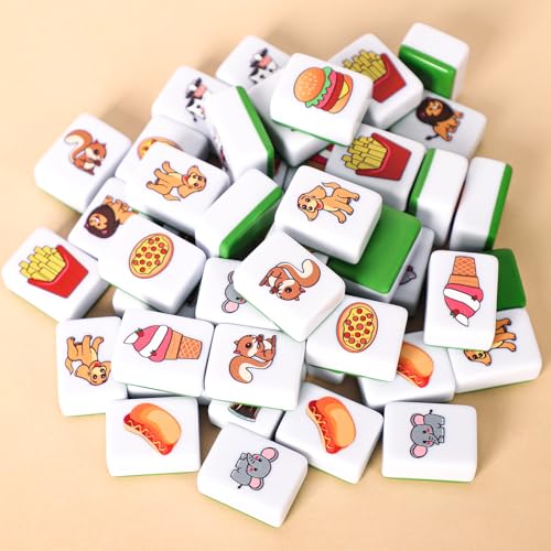 GRACIAS 2 Players Mahjong Block Set, Mahjong Tile Game with 50 Premium Green Tiles(30mm) Animal and Food Pattern, Portable Mahjongg Set with A Carry Bag - color: Green