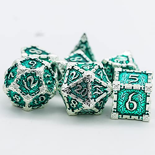 Cusdie 7 Pcs Metal Dice with Metal Box, Dagger Design Polyhedral DND Dice Set, for Role Playing Game D&D Dice (Silver Green) - color: Silver Green