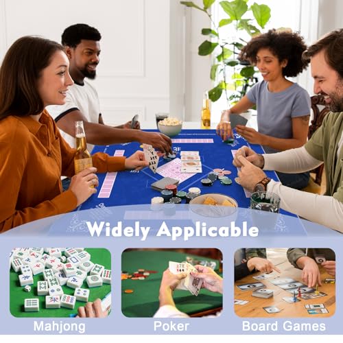 Chinoiserie Mahjong Mat with Rules for Table-31.5''x31.5'' Floral American Mahjong Mat Anti-Slip Neoprene Rubber Noise Reducing,Foldable Travel Game Tablecloth for Poker Card Board Games Dominoes - color: Blue Flower