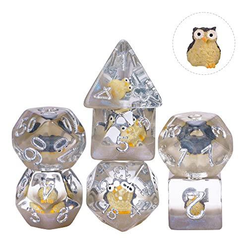 Cusdie 7-Die DND Dice, Polyhedral Dice Set Filled with Animal, for Role Playing Game D&D Dice (Owl) - color: Owl