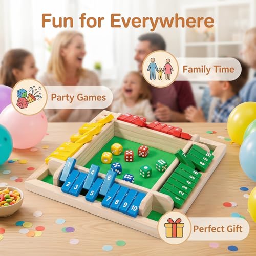 Shut The Box Game Wooden, 2-4 Player Close The Box Dice Game with 8 Colorful Dice, Wooden Math Board Games for Kids Adults Family, Portable Wood Shut The Board Game Box for Party Travel(8.7" x 8.7")