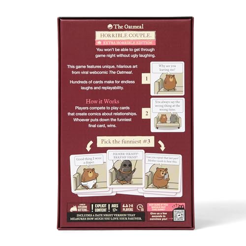 Exploding Kittens Horrible Couple Extra Horrible, 2-8 Players, 17+ | Create darkly funny comics with questions, responses, and absurd compromises. Play as a couple or with friends! Adults only! - style: Horrible Couple