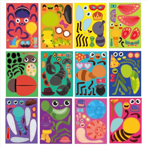 Sinceroduct Make Your Own Stickers for Kids, Fun Bug Sticker Kit with 60 Insect, Animal Face Sticker Sheets, Perfect for Rewards, Party Favors, Holiday Gifts, and Christmas Day, Valentine's Day - style: Insect