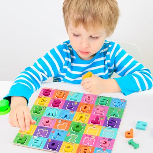 Wooden Alphabet Puzzles Ages 3-5, Alphabet and Number Puzzle with ABC Learning for Kids Ages 3 4 5, Preschool Learning Toys with Chunky ABC Puzzle Board for Girls Boys Kindergarten - color: Large Single Pack