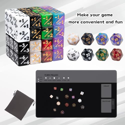 56 PCS MTG Counter Dice Set with D20 for MTG Card Game | 48 PCS Life Counters & 8 PCS D20 in 8 Colors & 1 Grey Velvet Bag