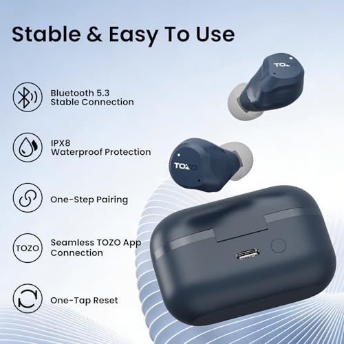 TOZO NC9 Hybrid Active Noise Cancelling Wireless Earbuds, 60H, LED Display | 6 Mic ENC Clear Calls, Deep Bass Sound, IPX8 Waterproof, in Ear Bluetooth 5.3 Headphones,32 EQs via APP, Comfort Fit Ear Buds - color: Blue