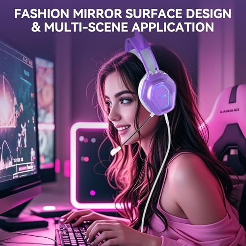 Wantek Cute Cat-Ear Gaming Headset - 50mm Drivers, Noise-Cancelling Mic, 3.5mm Wired Stylish & Lightweight Design (Purple) - color: Purple