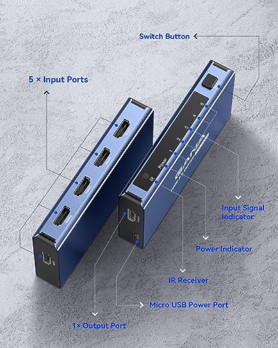 HDMI Switch 5 in 1 Out 4K@60Hz, GANA HDMI Splitter Switcher with Remote, Aluminum HDMI 2.0 Switch Box Hub for 3D, HDCP2.2, HDR, Compatible with Xbox, PS5/4/3,Fire Stick,Roku,Blu-Ray Player, Blue - color: Blue