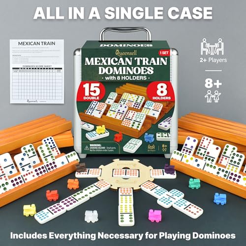Queensell Mexican Train Dominoes Set Double 15 with 8 Holders - Wooden Hub and Tiles Holders - Double 15 with Dots (D15 + 8 Holders) - style: D15 + 8 Holders