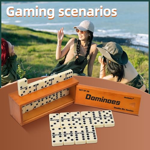 Doublefan Jumbo Dominoes for Adults, Double 6 Domino Set in Prime Wood Box | For 2-4 players, 55 Ivory Jumbo Domino tiles, Metal spinners, Deluxe wood case, family game, board game, Gift choice - style: Jumbo