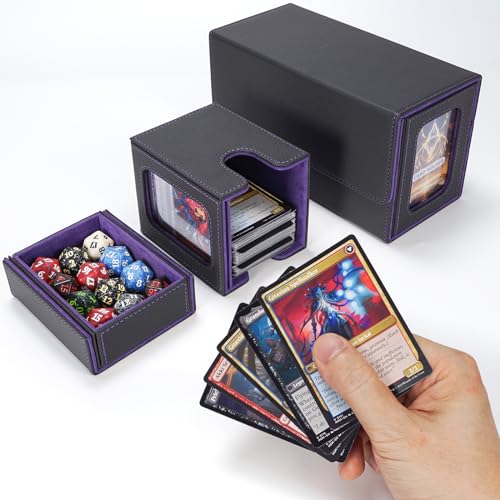 AFIING MTG Commander Deck Box 200 Double Sleeved Cards Storage, 3-in-1 Magnetic Card Case Organizer for Magic: The Gathering TCG CCG, 4 Dividers & 2 Toploaders Black/Purple - color: Black purple
