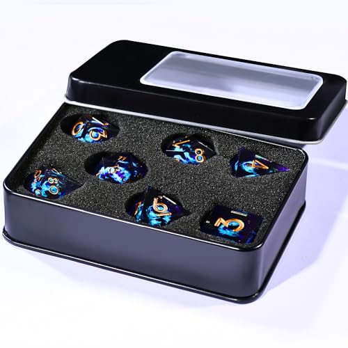 AUSTOR 7 Die DND Dice Set - Blue Flame Dragon Resin Dice (D20, D12, D10, D8, D6, D4) with Case - color: Blue Flame Dragon