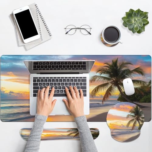 Arttown Keyboard Mouse Pad Set, 4 in 1 Desk Mat Set Beach Ocean | Sunset Tropical Summer Large Mousepad+Keyboard Wrist Rest+Mouse Wrist Rest+Coaster Ergonomic Design for Home Office Computer - color: Sunset Beach 1