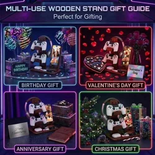 Wooden Headphone & Headset Stand, Controller Holder for PS5 & Xbox– Gaming Equipment, Gamer Gifts & Room Decor for Boy, Girl, Son, Husband, Boyfriend