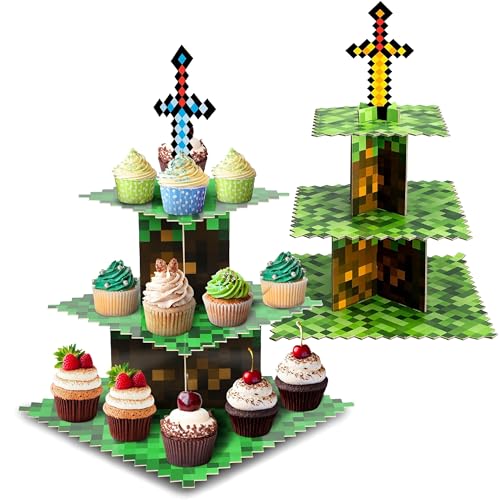 Pixel Block Cupcake Stand 3 Tier - Retro Gaming & Anime Cake Topper Holder for Birthday Party Decorations, Baby Shower Supplies, Pixel Art Centerpiece (2pc)