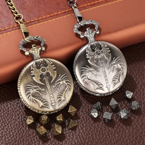 Mini DND Dice Set with Double Headed Dragon(Top Double-Sided Axe) Pocket Watch Case, 7-PCS Polyhedral Metal D&D Dice, DND Gifts with Gift Box, Role Playing Game Board Game Accessories Dice, Bronze - color: Bronze
