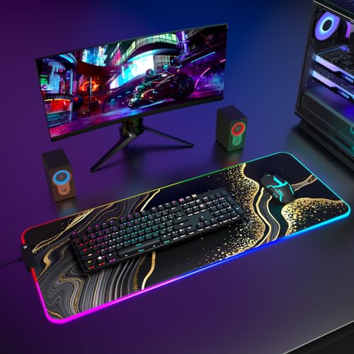 ITNRSIIET RGB Gaming Mouse Pad, Full Desk XL Extended Large Gaming Mousepad, 12 Lighting Modes 30% Thicker Big LED Desk Mat for Gamers, 32 x 12 inches, Black Gold Marbling - color: Black Gold Marbling