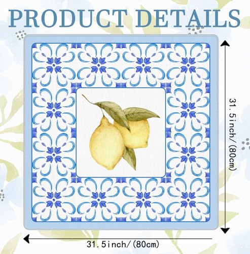 Boho Blue Summer Italian Lemon Mahjong Mat 31.5x31.5 Inch, Mediterranean Tiles Non-Slip and Noise Reduction Mah Jong Table Mat Cover Gifts for Mahjong Lovers Poker Board Games Dominoes - color: Summer Italian Lemon