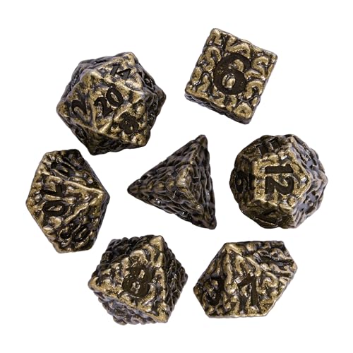 Cusdie 7 PCs Metal DND Dice Set, Brain Design Metal Dice, D&D Polyhedral Dice Set with Skull Dice Bag, for Role Playing Game D&D Dice (Bronze) - color: Brain Bronze