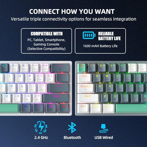 Machenike K500A-B61W 60% Mechanical Wireless Gaming Keyboard, 61 Keys Ultra-Compact Hot Swappable Linear Brown Switch, Dynamic RGB Backlit, Anti-Ghosting, Double-Shot PBT Keycaps, Win/Mac, White