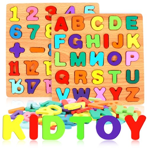 2 Pack Wooden Puzzles, Toddlers Alphabet Number Puzzles, ABC Learning Toys for Kids Ages 3-5, Preschool Learning Activities Gift Set for Boys & Girls