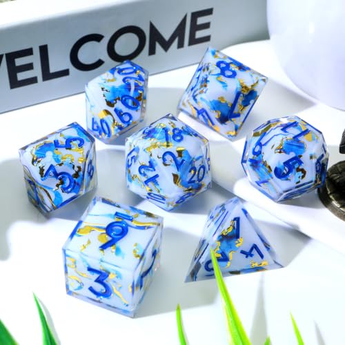 XENOLUX Polyhedral Resin DND Dice Set - Marble Effect with Gold Holographic Foil, Hand-Polished RPG Dice in Tin Box for Dungeons and Dragons (L21) - color: L21