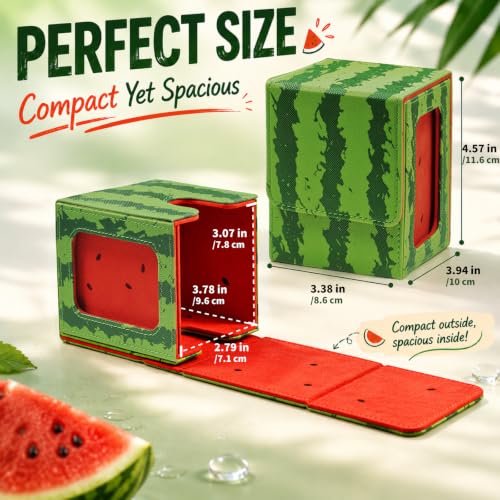 Watermelon Themed Deck Box with Commander Display Window | Holds 120 Single/100 Double-Sleeved Cards, Fit MTG/PTCG/OPTCG Cards, Strong Magnet, PU Leather, With 2 Dividers & 1 Toploader - color: Watermelon