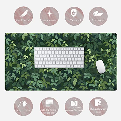 Cute Cat Desk Mat Kawaii Green Desk Pad - Large Gaming Mouse Pad Laptop Mat | Desk Pad Large Anime Gaming Mouse Pad for Desk Computer Office Keyboard Laptop 31.5x15.7 in - Non-Slip Base, Stitched Edges - color: Green Plants Black Cat