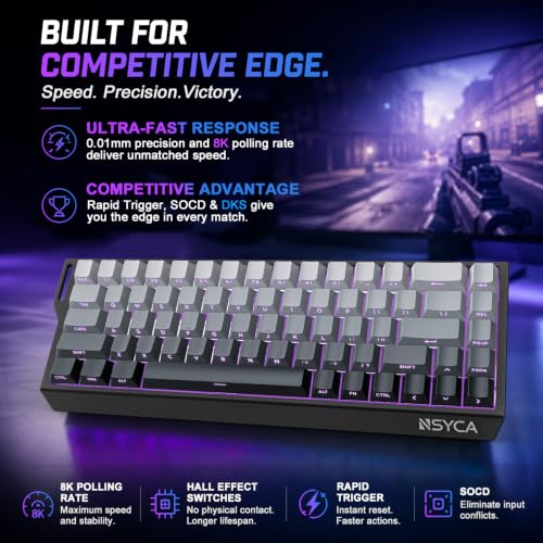 WIN68 HE Hall Effect Keyboard, Rapid Trigger Magnetic Gaming Keyboard, 8000Hz Polling Rate, DKS & SOCD, 0.01mm Adjustable Actuation, RGB PBT Keycaps, 60% Wired Keyboard for FPS Gaming PC & Mac - color: WIN68 Black Side-Printed