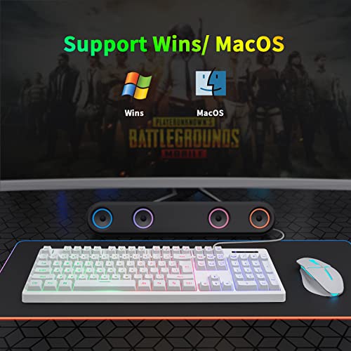 HUO JI White Gaming Keyboard USB Wired with Rainbow LED Backlit, Floating Keys, Mechanical Feeling, Spill Resistant, Ergonomic for Xbox, PS Series, Desktop, Computer, PC - color: White