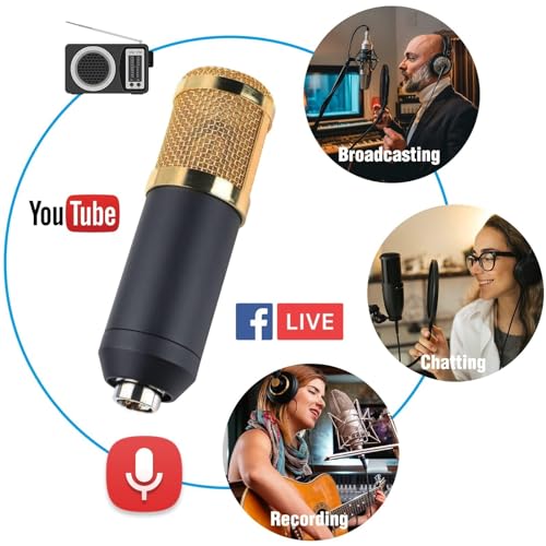 MorTime Condenser Microphone Bundle, Live Sound Card, Adjustable Boom Arm, Shock Mount, Metal Mic Pop Filter, Sponge Pop Filter Cover, Earphone, Audio Cables and Power Cable, Set of 11 Mic Kit