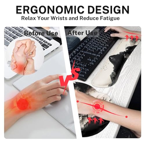 Britimes Black Ink Landscape Keyboard Mouse Pad Set 4in1 Large Mousepad+Keyboard Wrist Rest+Mouse Wrist Rest+Coaster Set with Ergonomic Design for Home Office Computer 35.4x15.7 inches - color: Black Ink Landscape